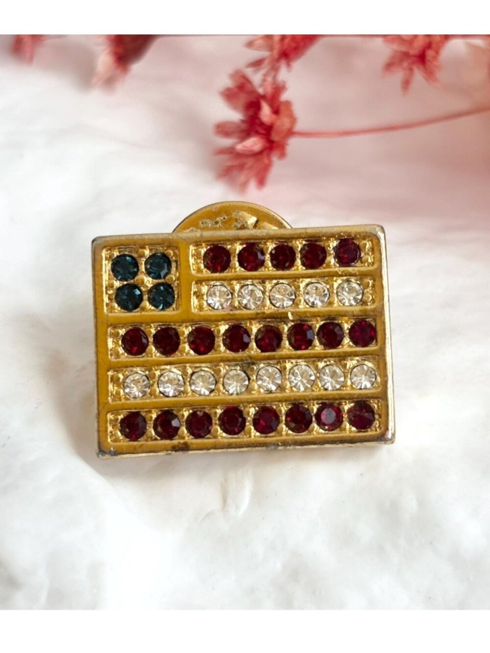 American Flag Rhinestone accented Patriotic Vintage Tiny Gold Toned Pin